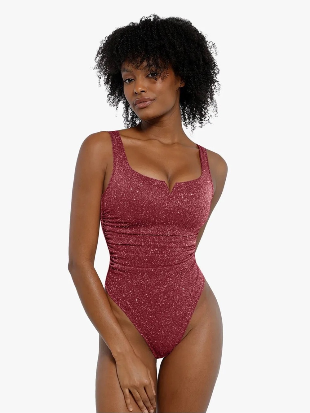 Popilush Shapewear Ruched Metallic Knit Square Neck Slimming Bodysuit Red XL
